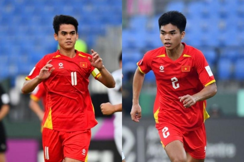 Khuất Văn Khang và Lê Phát trong trận đấu với U23 Kyrgyzstan