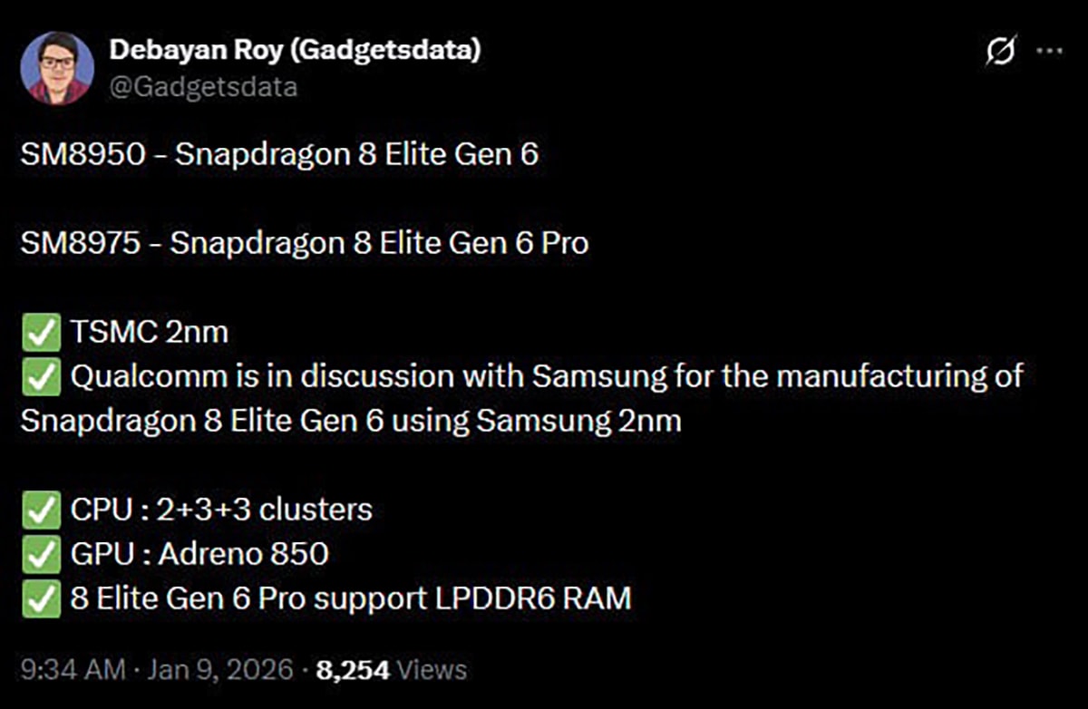 Chip Snapdragon 8 Elite Gen 6 sẽ có 2 phiên bản tiêu chuẩn và Pro