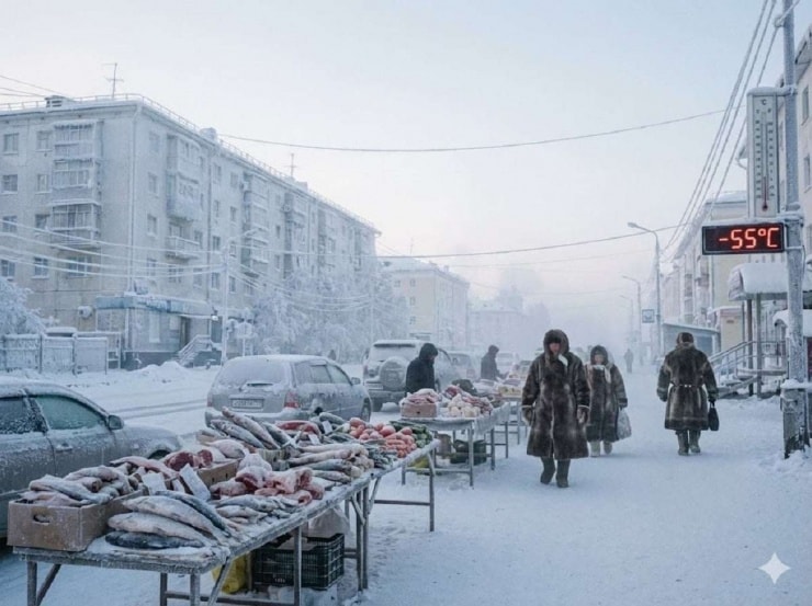 Thành phố Yakutsk bao phủ trong sương giá và tuyết trắng vào mùa đông.