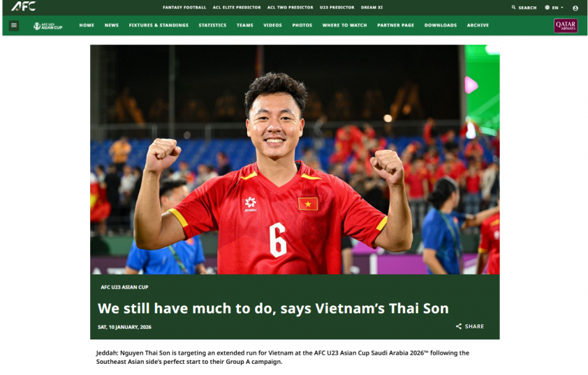 Tiền vệ Nguyễn Thái Sơn của U23 Việt Nam được AFC vinh danh