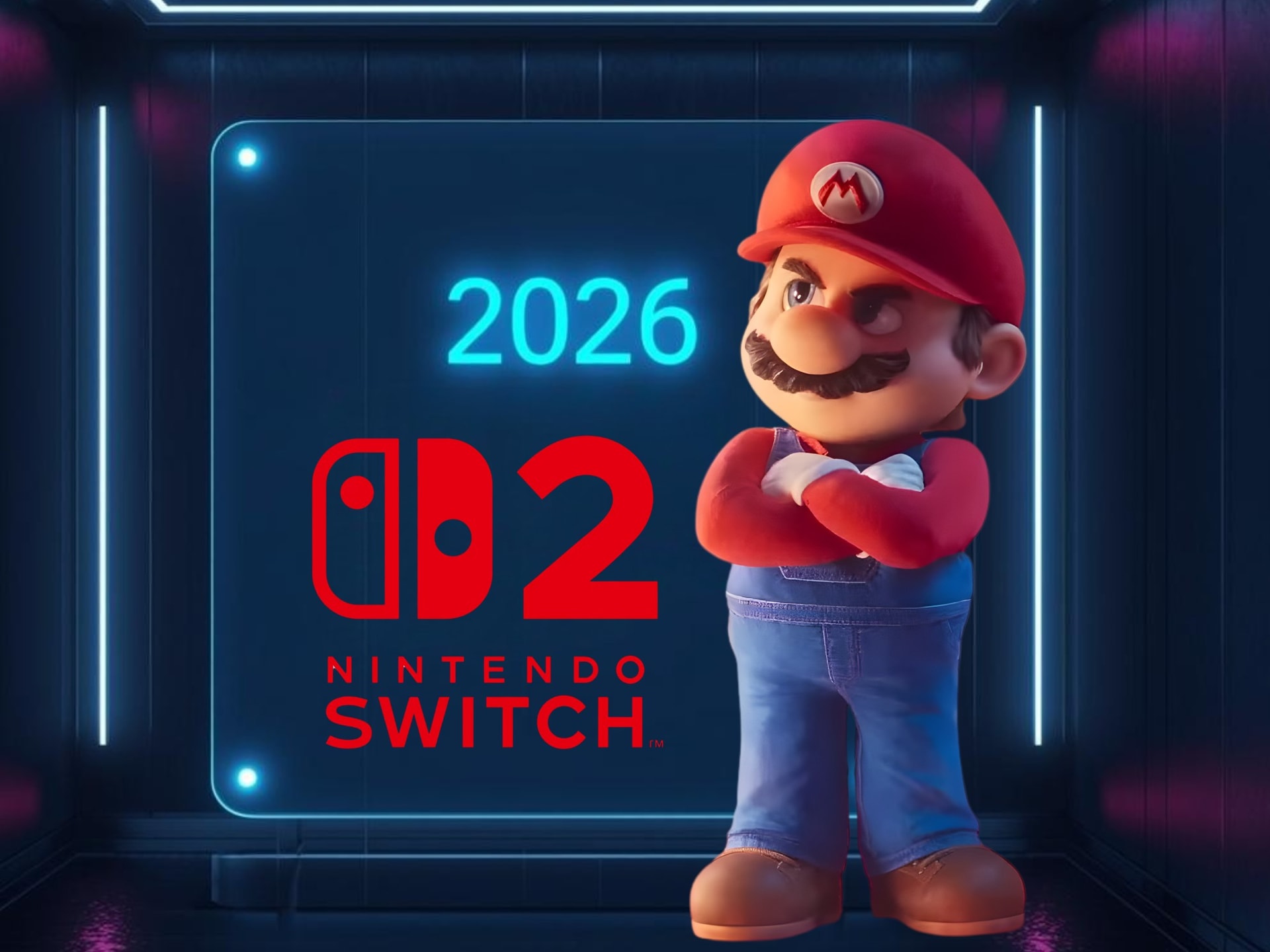 Hình ảnh Mario 3D nhìn vào tờ lịch năm 2026 của hệ máy Switch 2