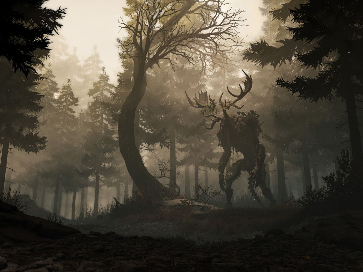 Hình ảnh từ trò chơi GreedFall mô tả một khu rừng và một sinh vật kỳ bí