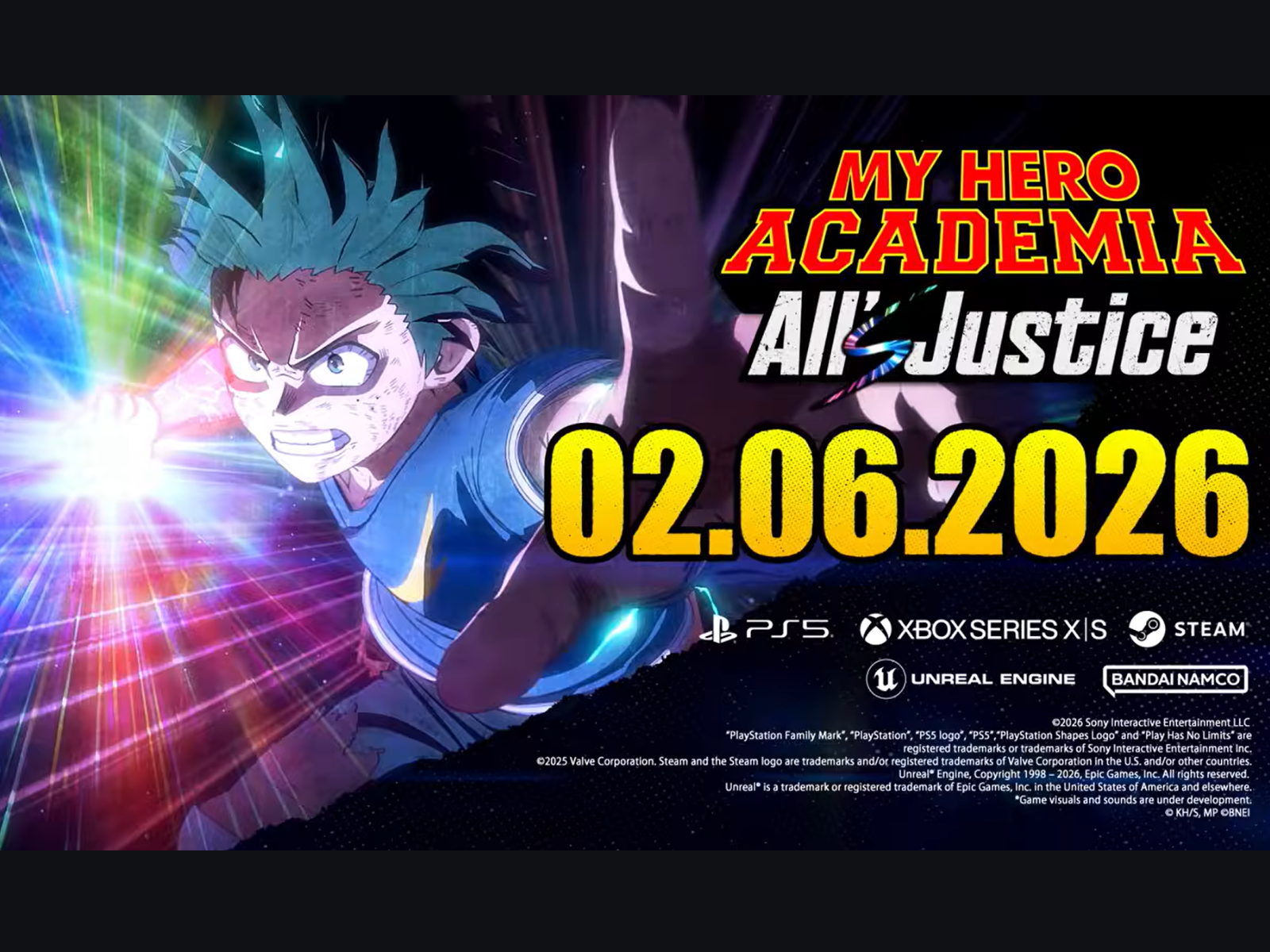 Key visual for My Hero Academia: All’s Justice showing Izuku Midoriya reaching forward with glowing energy effects and the release date 02 June 2026.