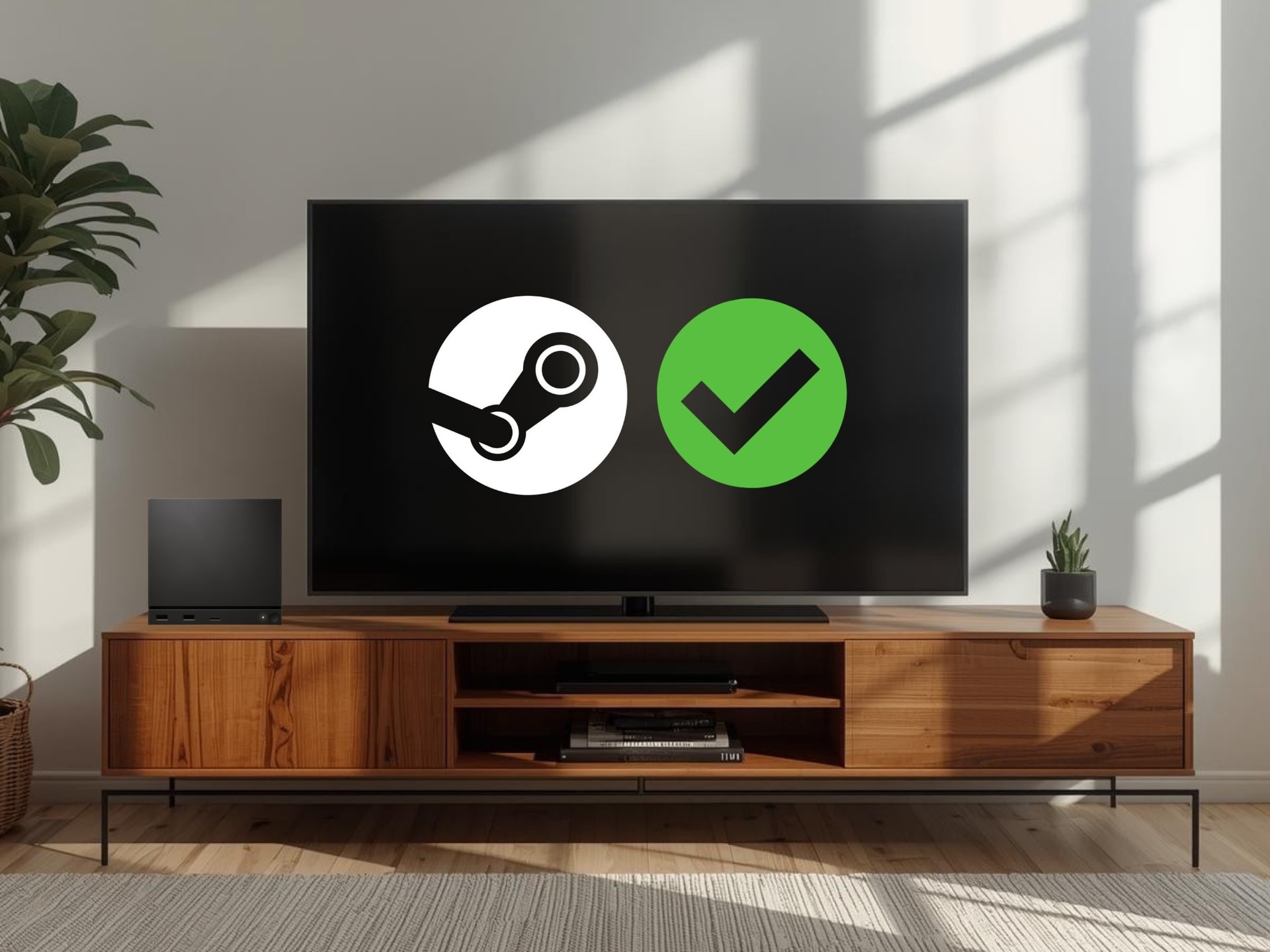 Steam Machine hiển thị logo xác thực trên màn hình tại phòng khách