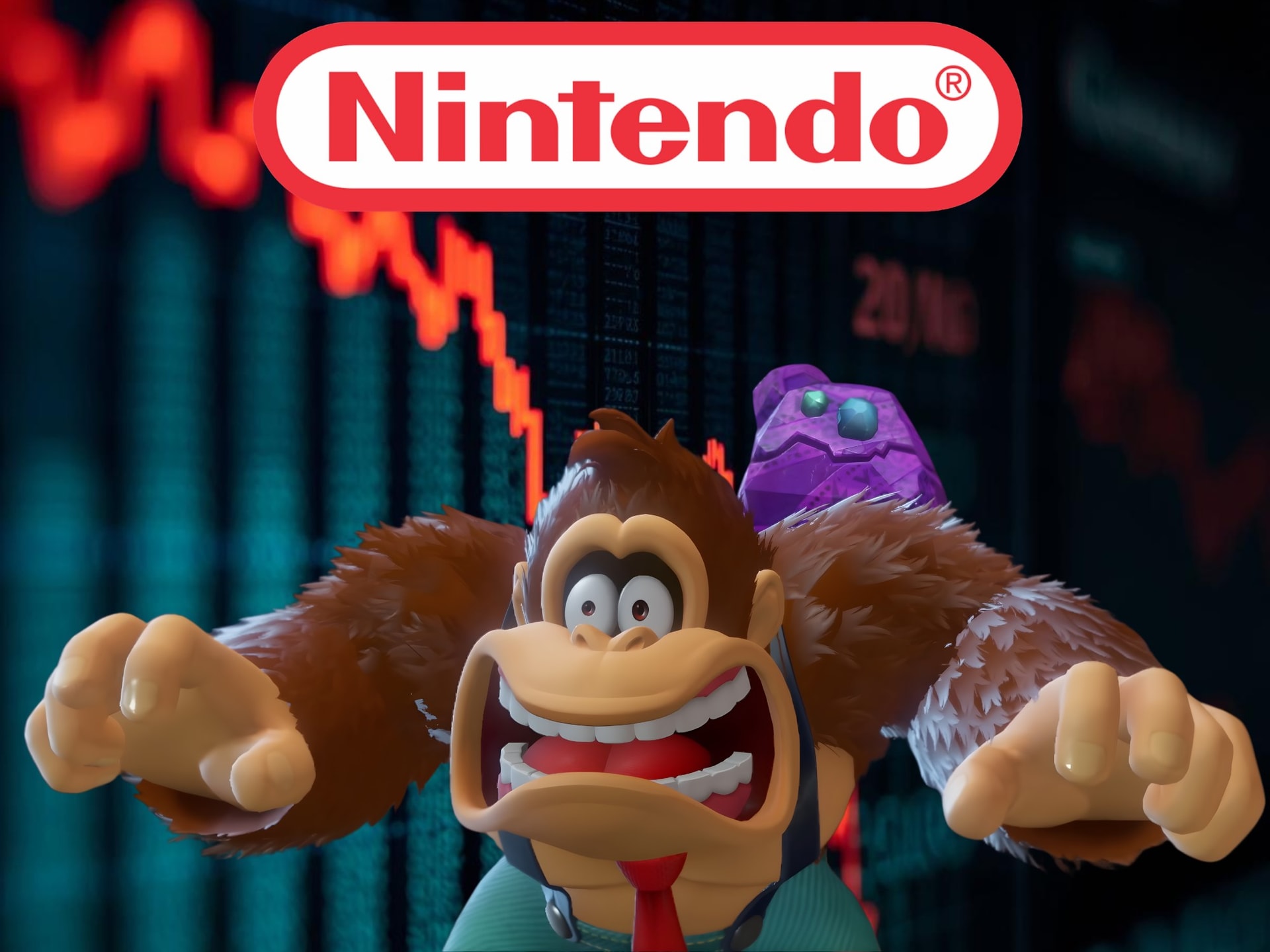 Hình ảnh Donkey Kong trước bảng điện tử chứng khoán Nintendo đang giảm điểm