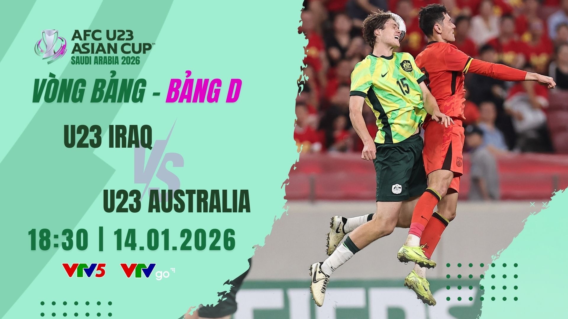 Link VTV5 xem trực tiếp U23 Iraq vs U23 Úc tối 14/1
