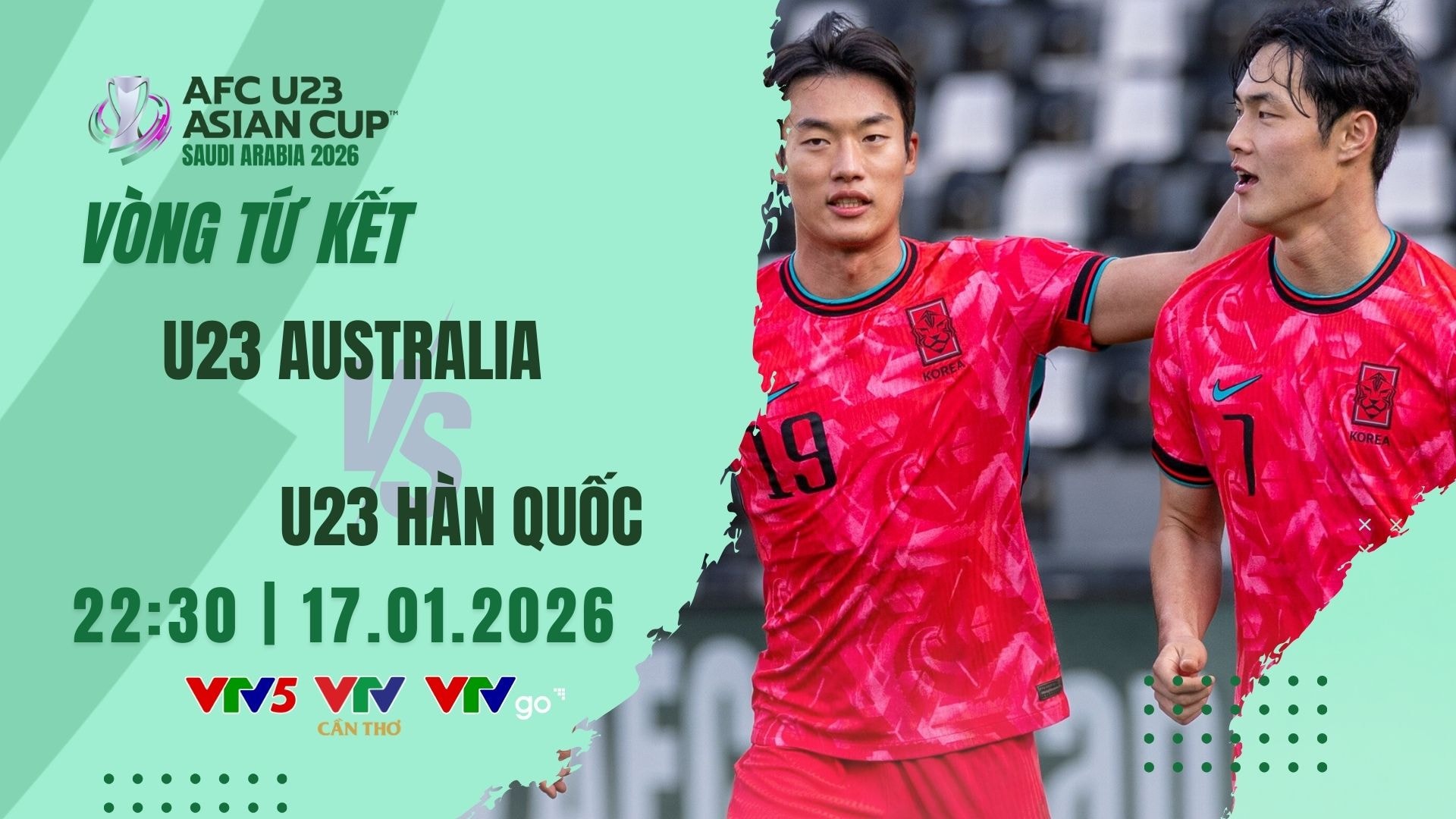 VTV5 VTV6 trực tiếp bóng đá U23 Úc vs U23 Hàn Quốc 22h30 17/1/2026