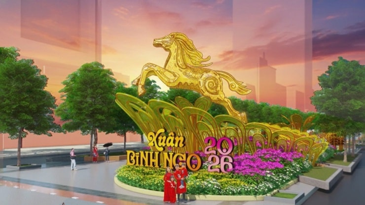 Khu vực cổng cuối đường hoa vào ban đêm với các linh vật ngựa hướng về phía trước.