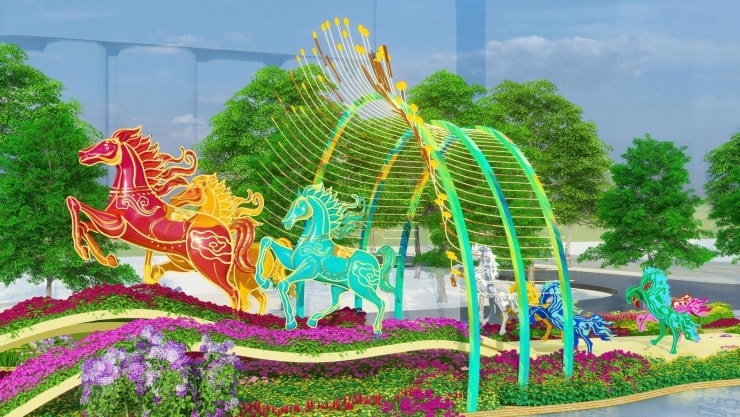 Hình tượng linh vật Bính Ngọ tung bay trên lũy tre cách điệu như những con sóng lớn.