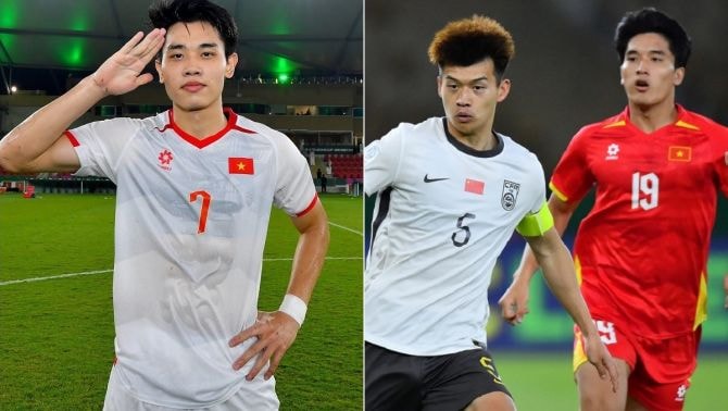 Trung vệ Liu Haofan và Nguyễn Đình Bắc trong một pha tranh chấp tại giải U23 châu Á.