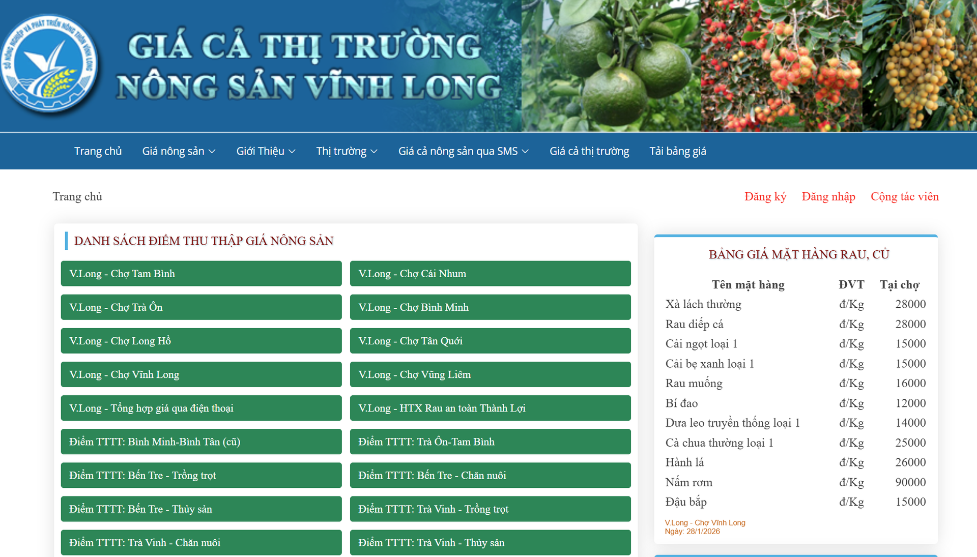 Bảng giá nông sản Vĩnh Long ngày 29/1/2026