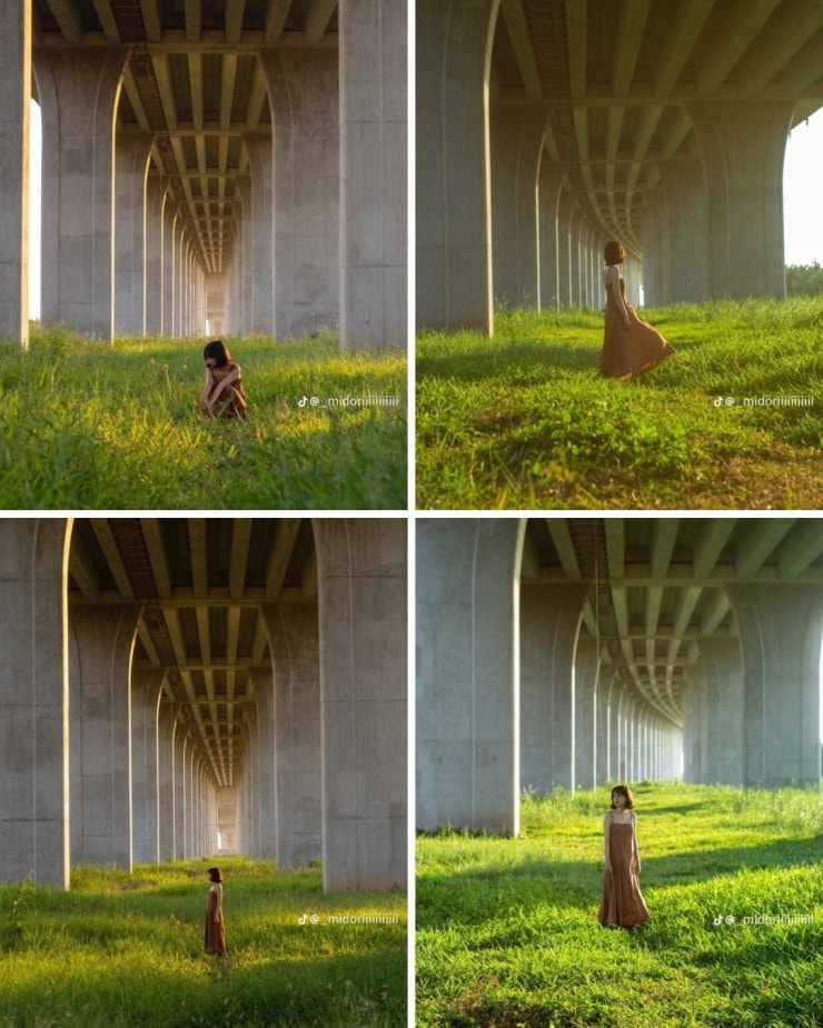 Trang phục phong cách nàng thơ phù hợp với bối cảnh cỏ dại dưới chân cầu.