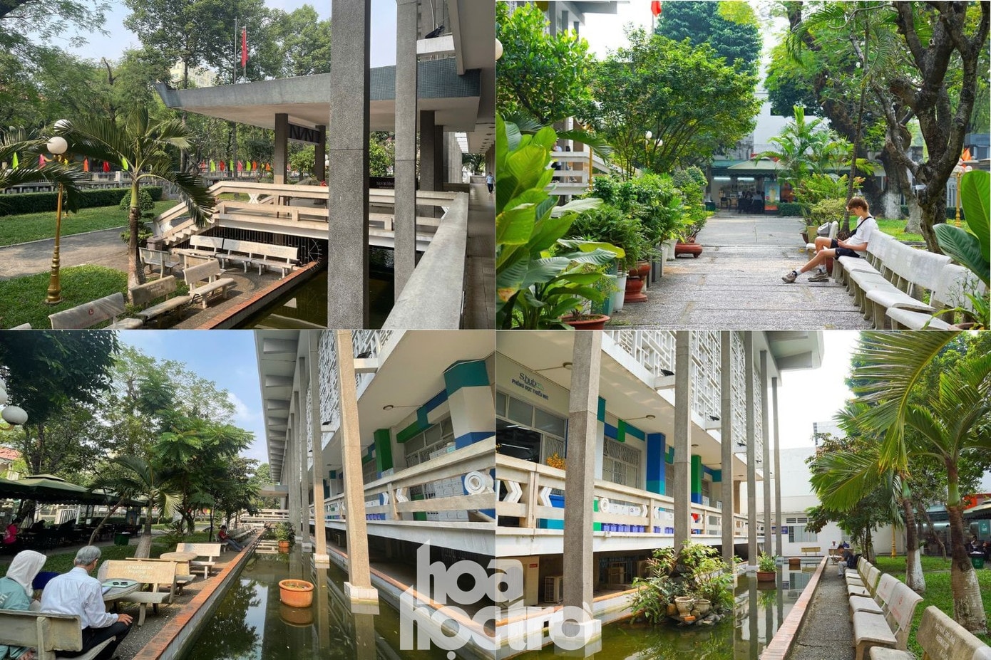 Khu vực sân vườn thư viện với nhiều bàn ghế đá phục vụ bạn đọc.