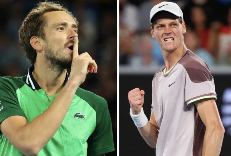 Medvedev (bên trái) và Sinner (bên phải) chuẩn bị cho trận chung kết đơn nam Indian Wells 2026