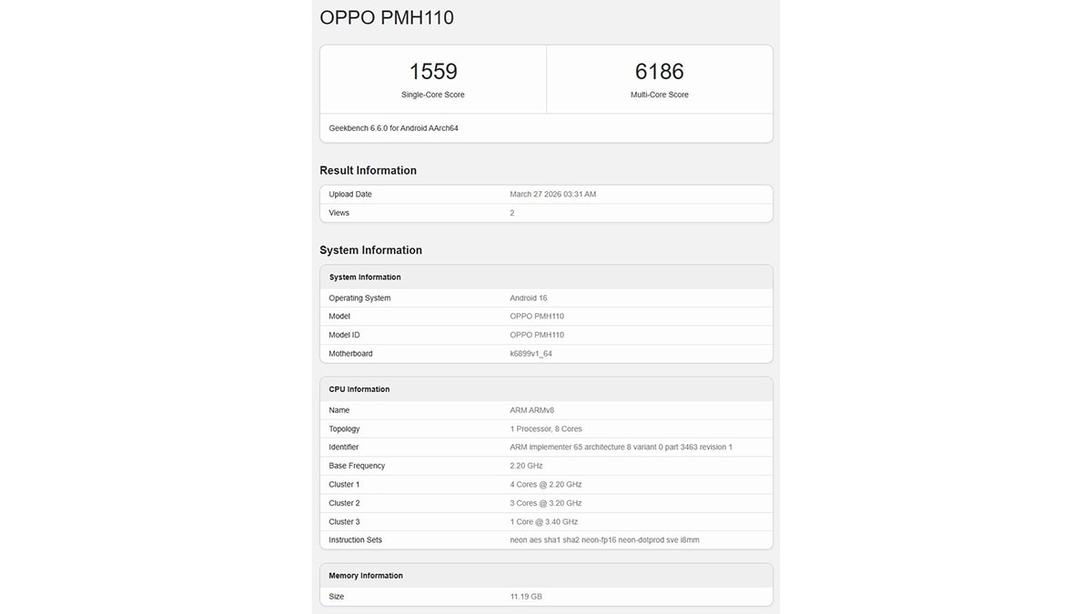 Thông số điểm benchmark của OPPO K15 Pro trên Geekbench