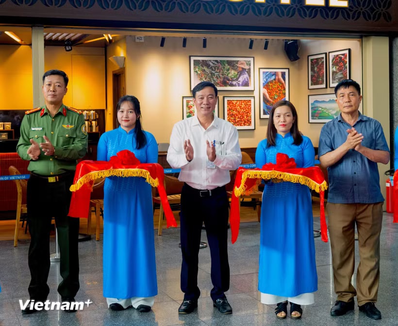 Ông Phan Kiều Hưng (giữa), Giám đốc Cảng hàng không quốc tế Đà Nẵng cùng đại diện các các đơn vị liên quan cắt băng khai trương hệ thống mới. (Ảnh: Thanh Phong/Vietnam+)