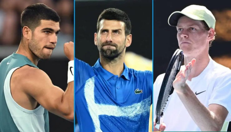 Jannik Sinner cùng Novak Djokovic và Carlos Alcaraz tại một sự kiện quần vợt quốc tế