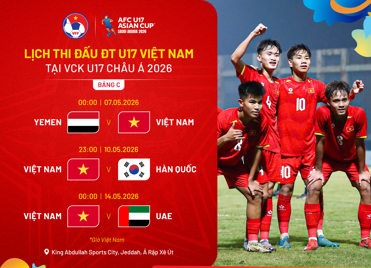 Lịch thi đấu bóng đá U17 Việt Nam tại châu Á 2026 mới nhất