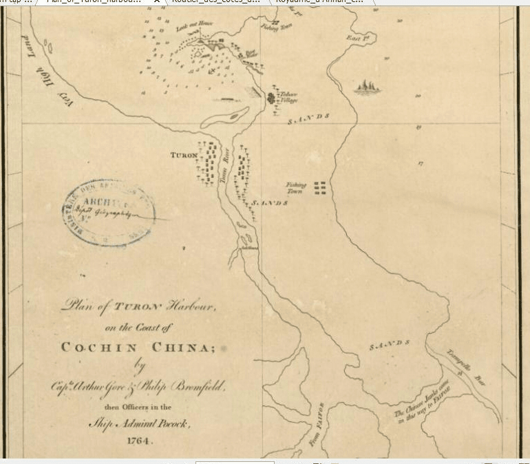Bản đồ Vịnh Turon (Đà Nẵng) do hai sĩ quan Hải quân Hoàng gia Anh Arthur Gore & Philip Bromfield vẽ năm 1764. Ảnh: Tư liệu.