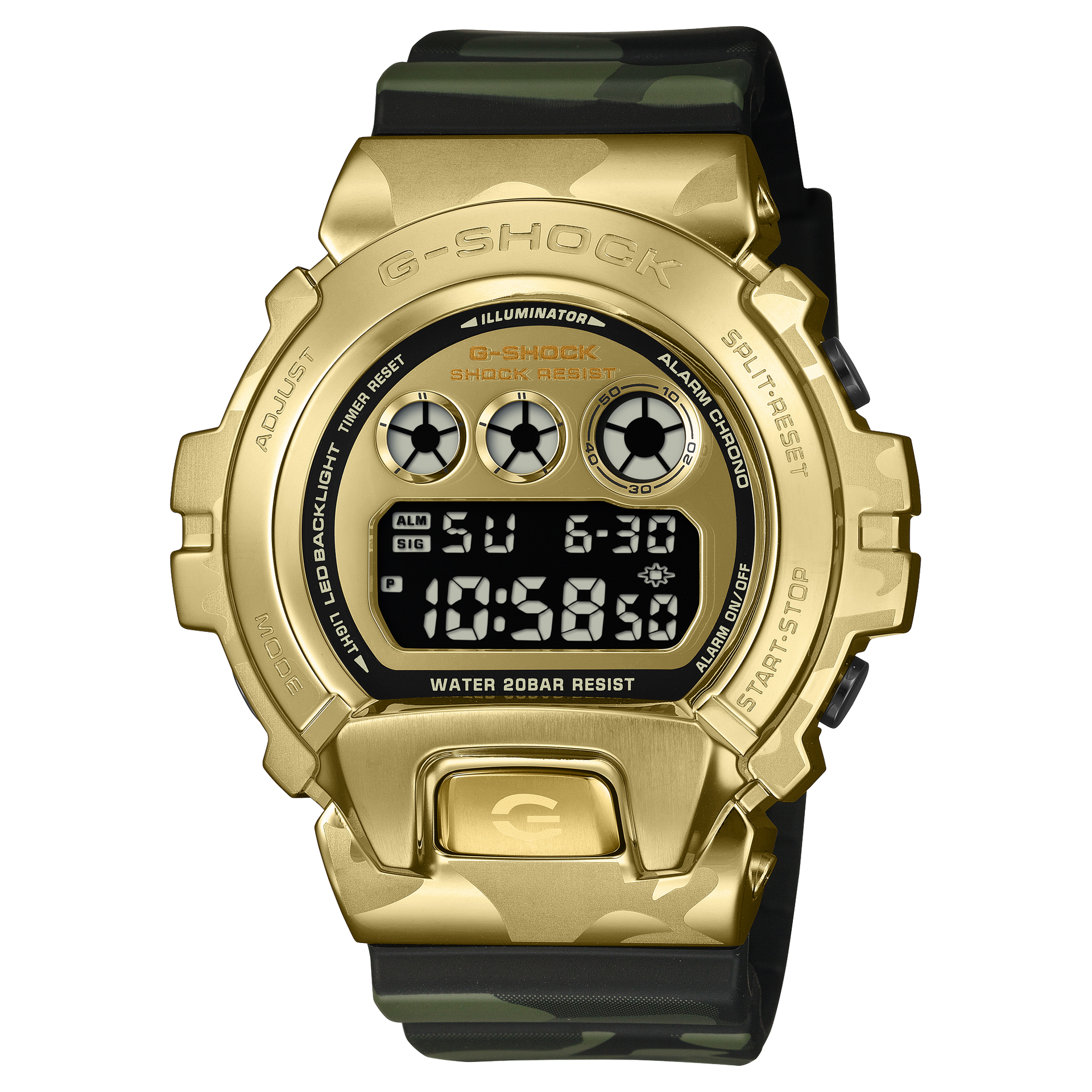 Đồng hồ Casio G-Shock GM-6900CMG-3 với bezel thép không gỉ mạ vàng.