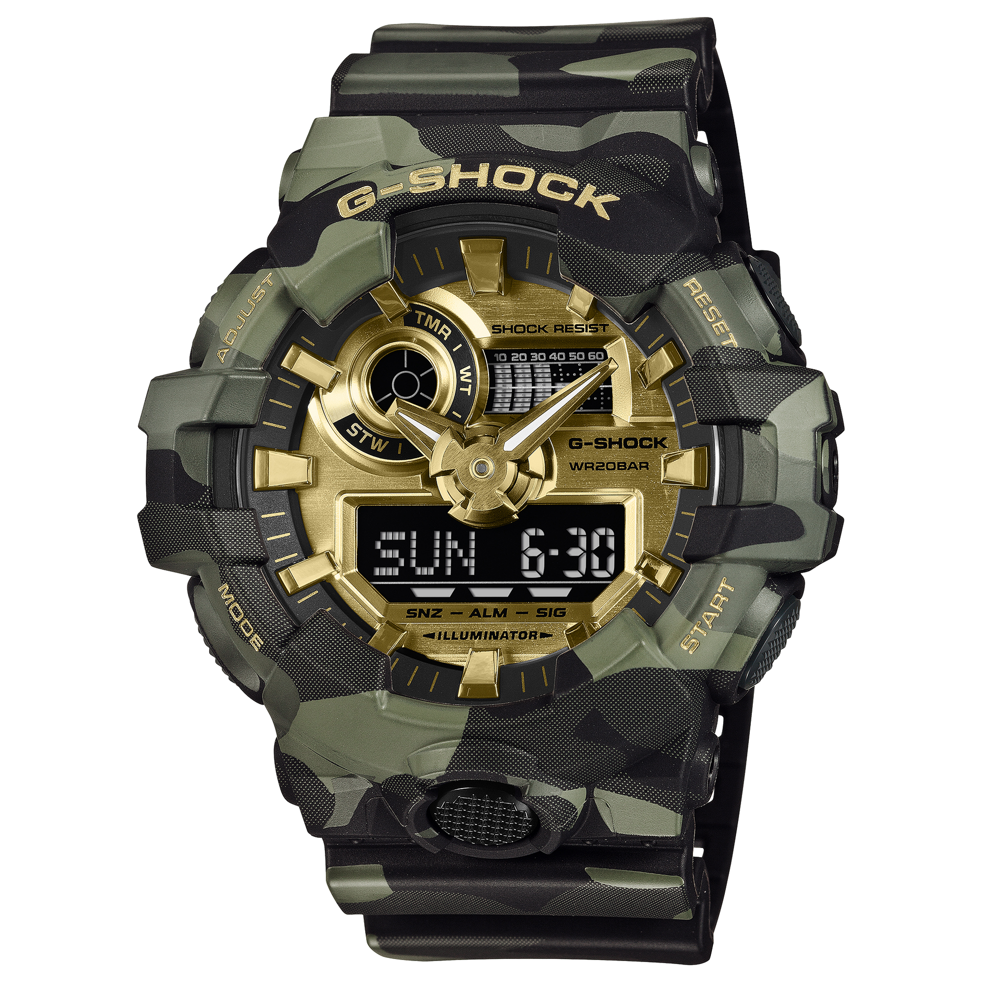 Đồng hồ Casio G-Shock GA-700CMG-3A với mặt số lắng đọng hơi vàng.