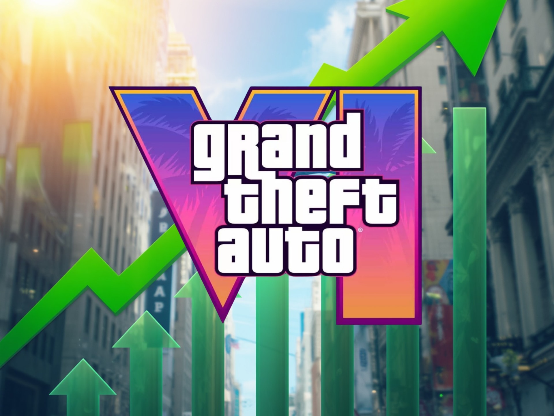 Logo GTA 6 và bảng điện tử chứng khoán Take-Two Interactive