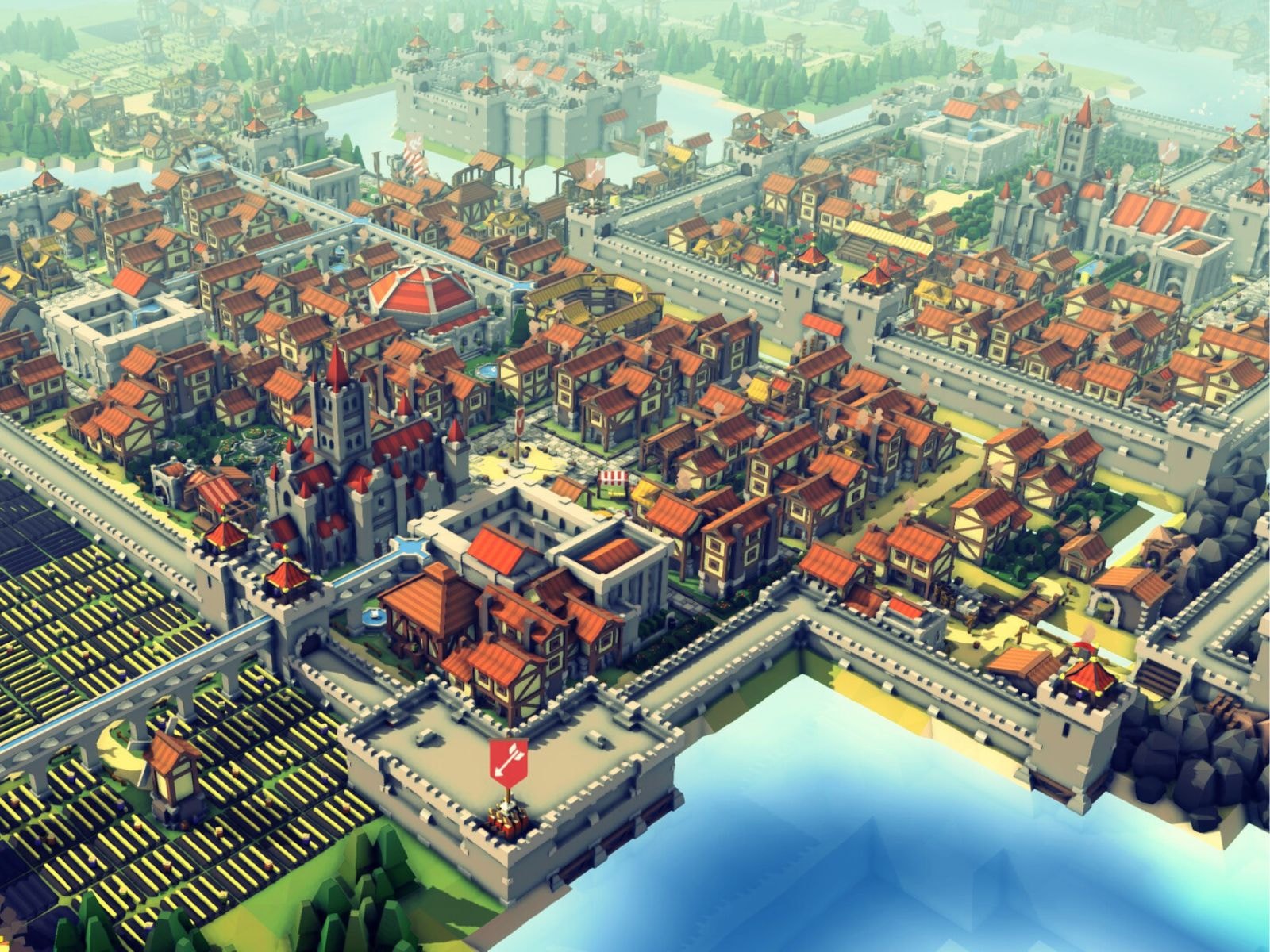Hình ảnh mô tả một thành phố với nhiều tòa nhà trong game Kingdoms and Castles.