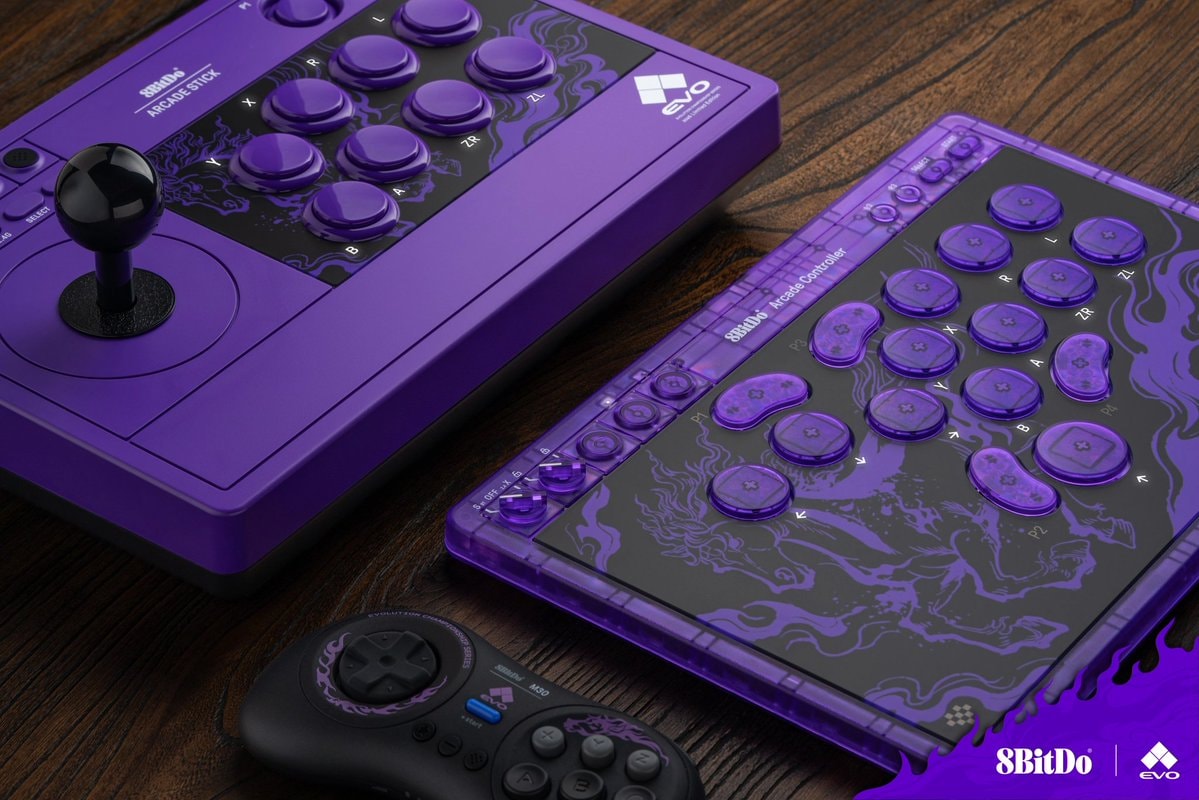 Ba mẫu tay cầm 8BitDo phiên bản giới hạn Evo 2026 với tông màu tím và đen chủ đạo.