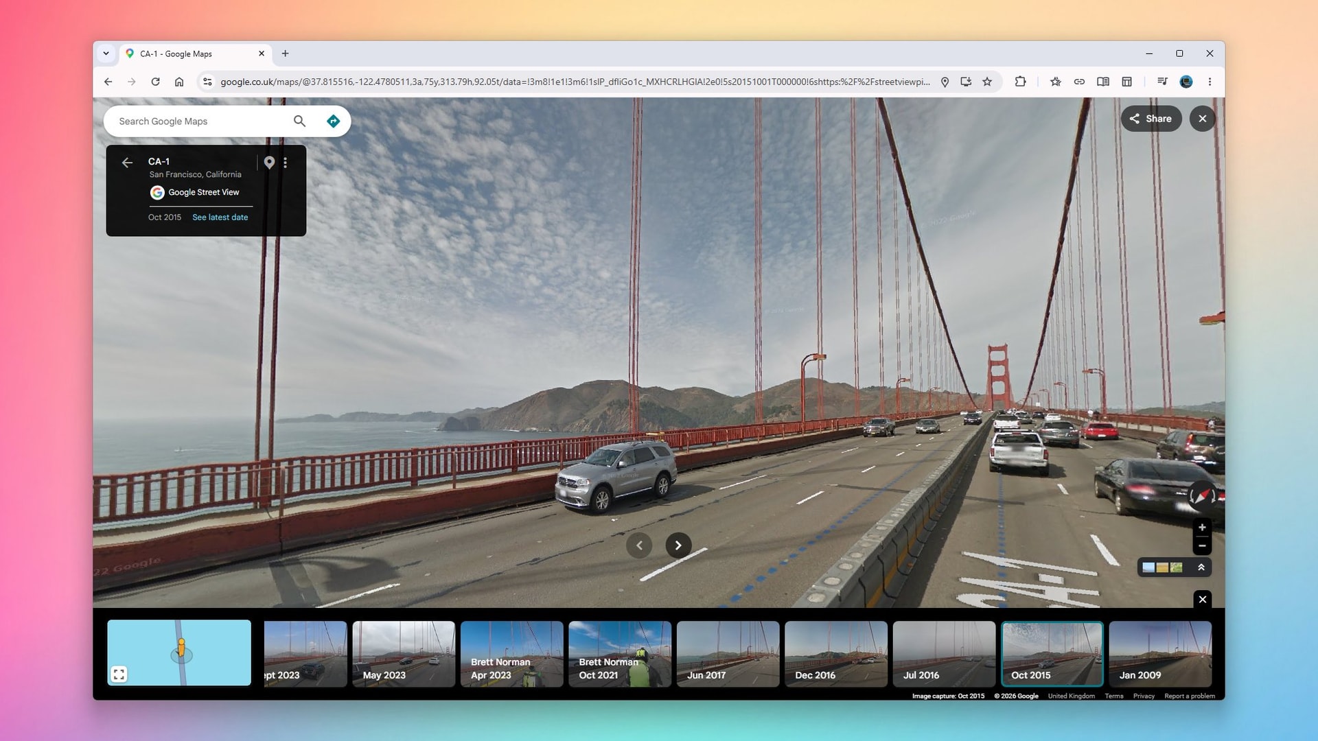 Giao diện Street View trên Google Maps cho phép xem lại hình ảnh lịch sử