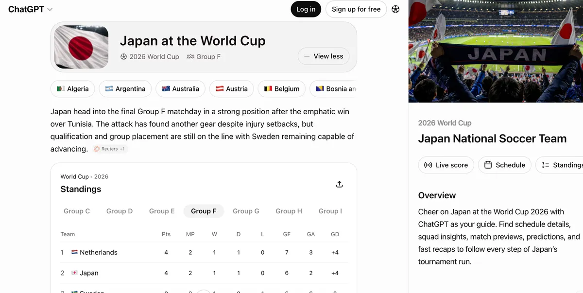 Giao diện trang chuyên biệt dành cho World Cup 2026 trên nền tảng ChatGPT của OpenAI.