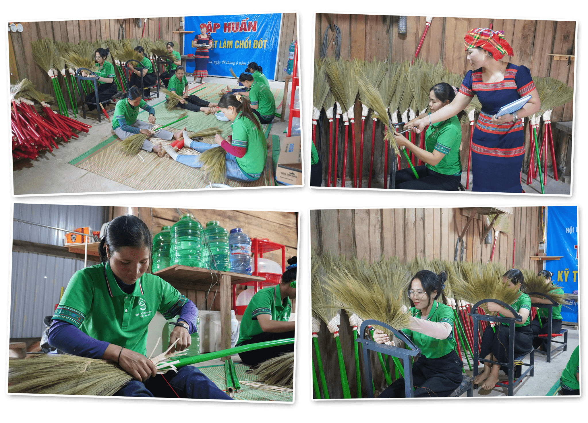 Tổ liên kết phụ nữ làm chổi đốt ở xã Hùng Sơn miệt mài sản xuất. Ảnh: PHAN VINH