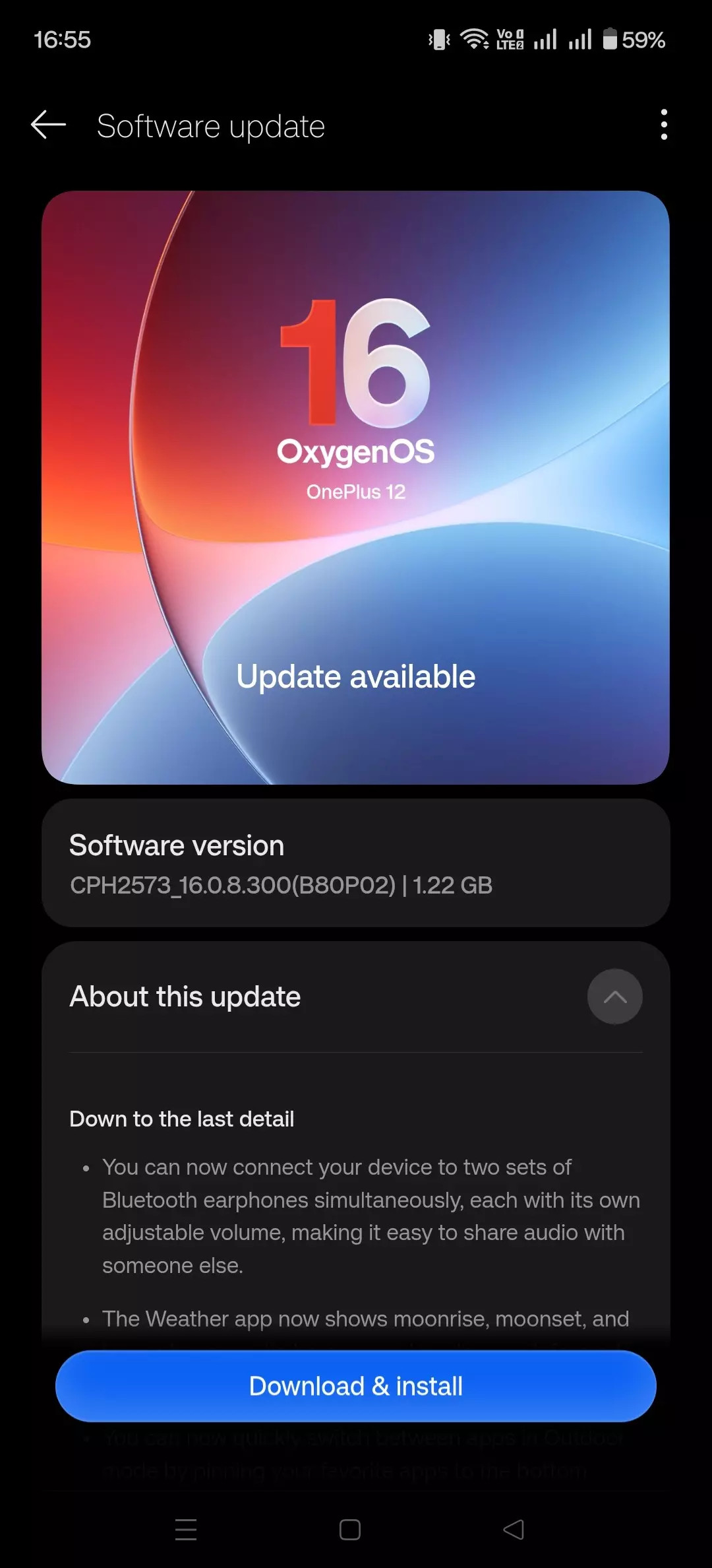 Màn hình cập nhật OxygenOS 16.0.8.300 trên thiết bị OnePlus 12