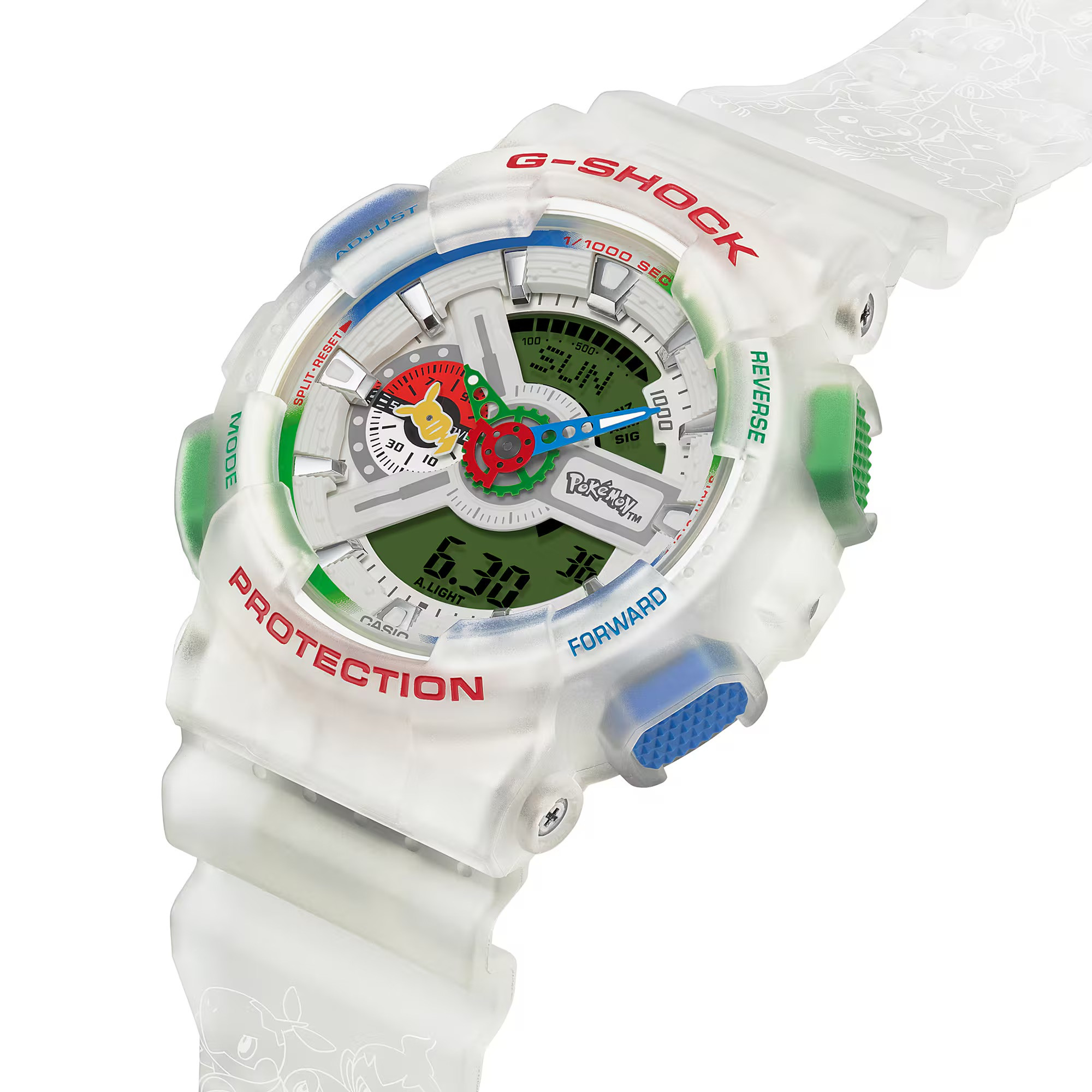 Cận cảnh vỏ trong suốt và các nút bấm màu sắc của G-Shock GA-110PKM-7A