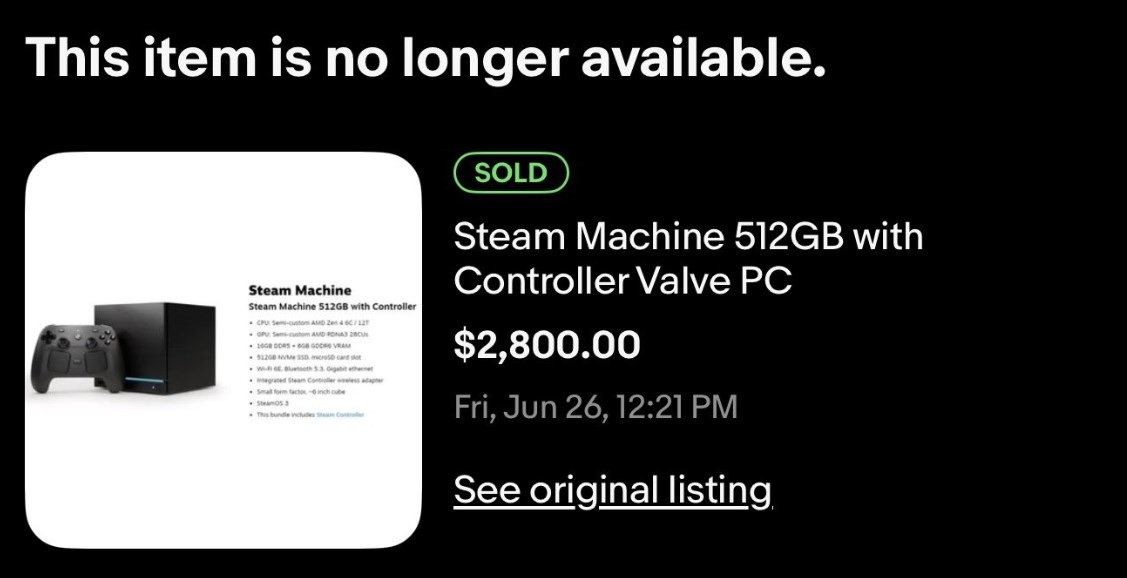 Một giao dịch Steam Machine thành công trên eBay với giá 2.800 USD.