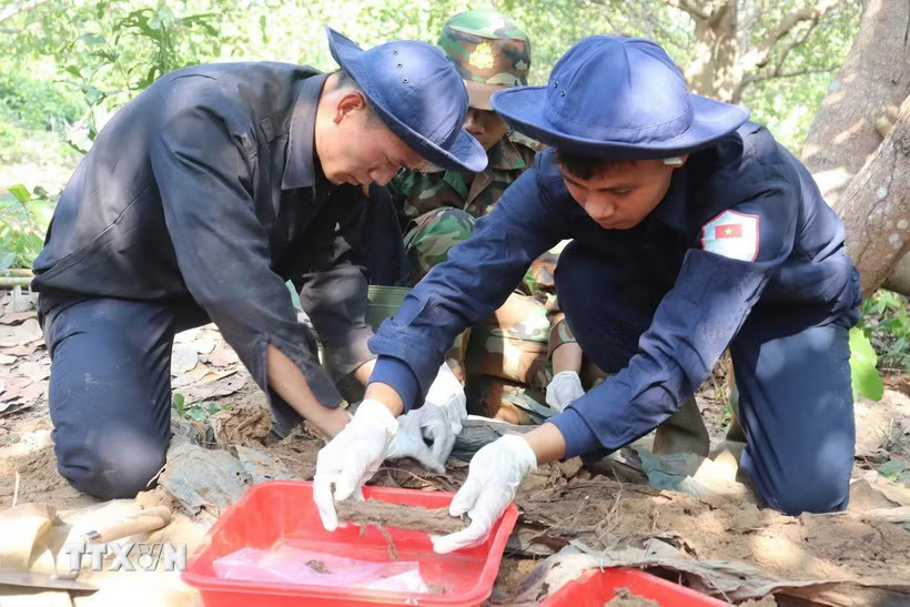 Đội K72 thực hiện cất bốc hài cốt liệt sỹ. (Ảnh: TTXVN phát)