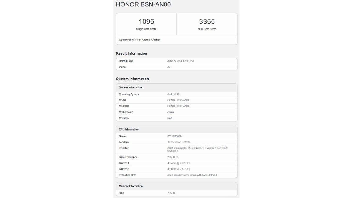 Điểm số Geekbench của HONOR X80 Pro Max dùng chip Snapdragon 6 Gen 5