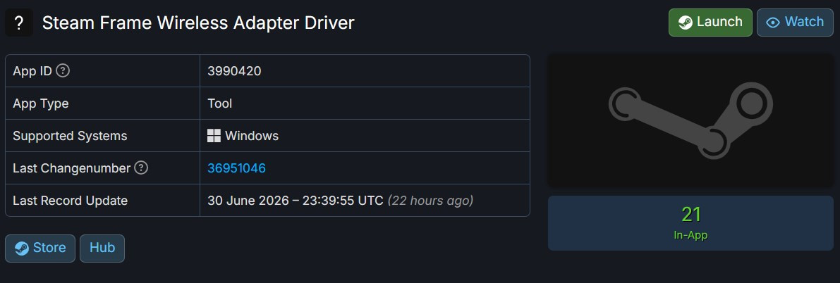 Trình điều khiển bộ chuyển đổi không dây Steam Frame trên SteamDB