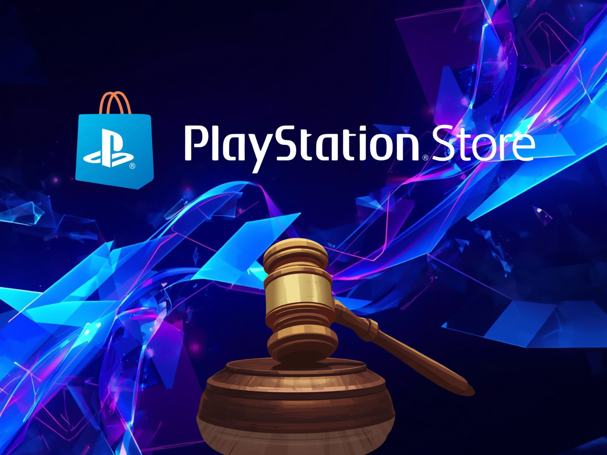 Banner mô phỏng các vụ kiện pháp lý nhắm vào PlayStation Store với hình ảnh chiếc búa thẩm phán