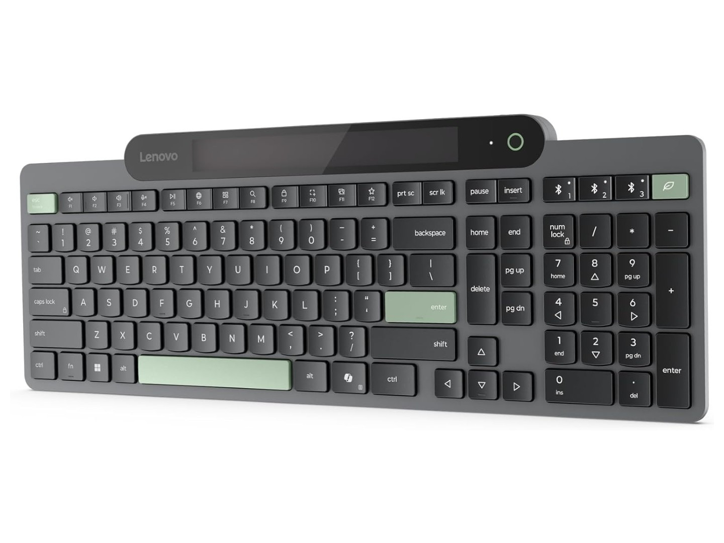 Bàn phím Lenovo Self-Charging Bluetooth Keyboard phiên bản màu xám đen với thiết kế hiện đại.