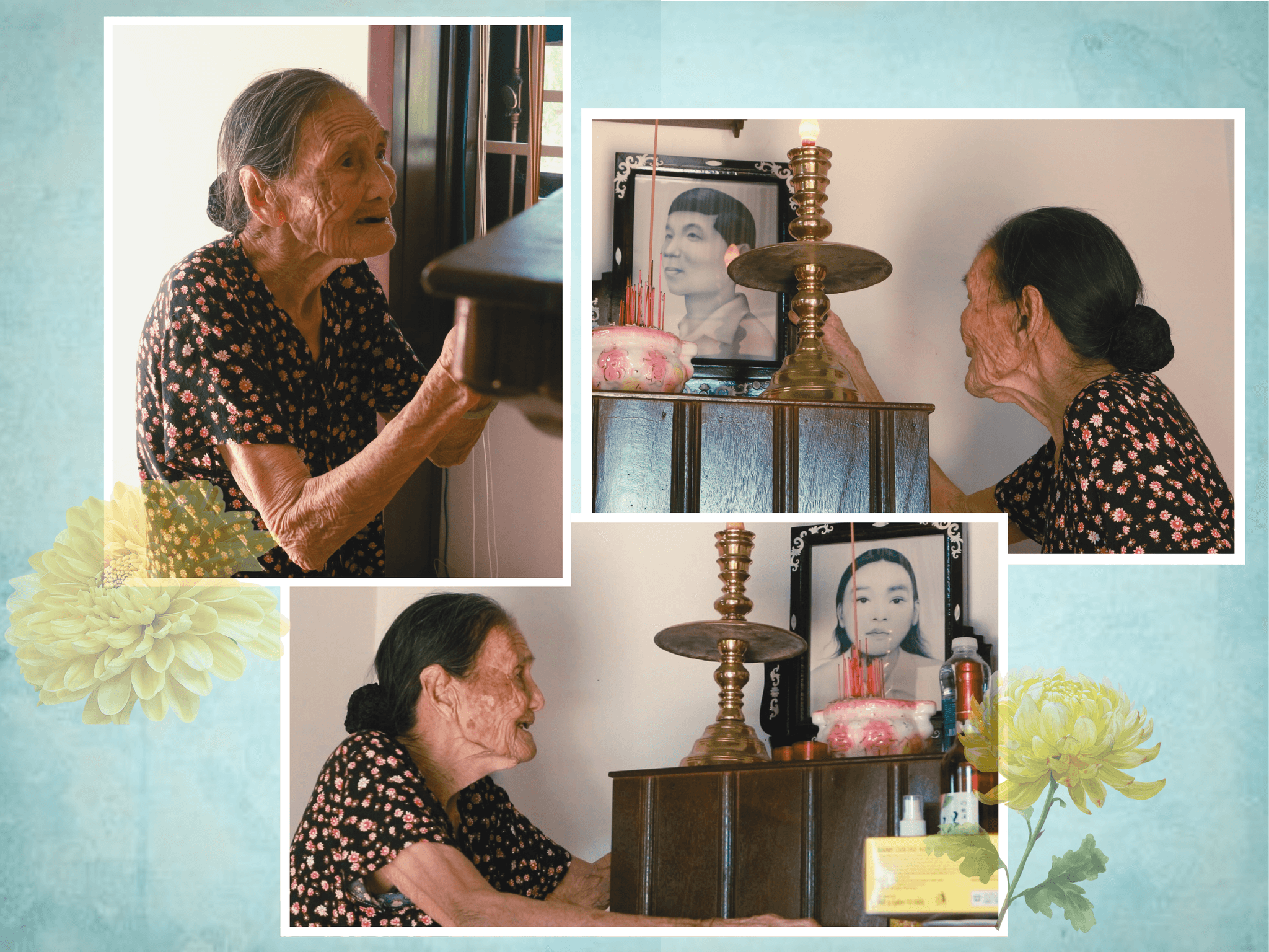 Mẹ VNAH Phạm Thị Nhỏ thắp nén hương thương nhớ hai người con đã ngã xuống vì độc lập, tự do của Tổ quốc. Ảnh: THÚY HIỀN