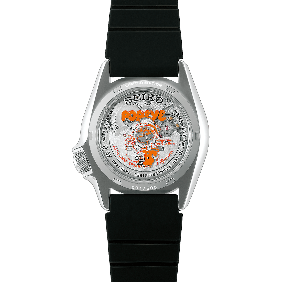 Mặt sau trong suốt của Seiko 5 Sports x Popeye HDB013 hiển thị bộ máy cơ và đồ họa kỷ niệm