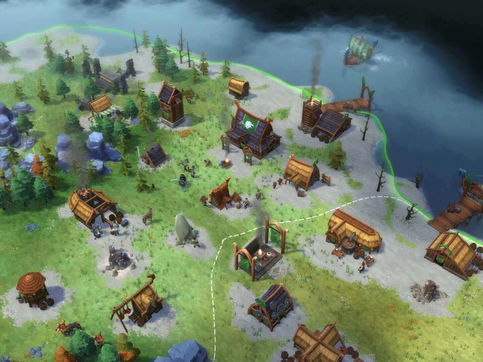 Khung cảnh một ngôi làng trong game Northgard: Definitive Edition với phong cách đồ họa đặc trưng.