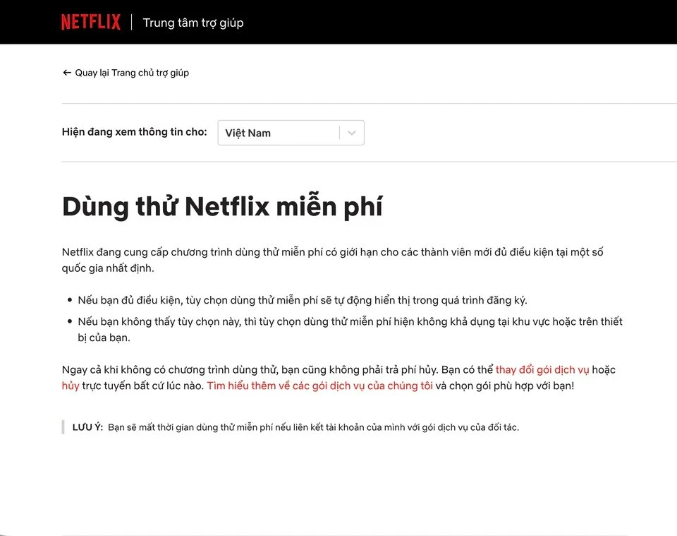 Giao diện đăng ký Netflix xuất hiện tùy chọn dùng thử miễn phí 30 ngày tại Việt Nam