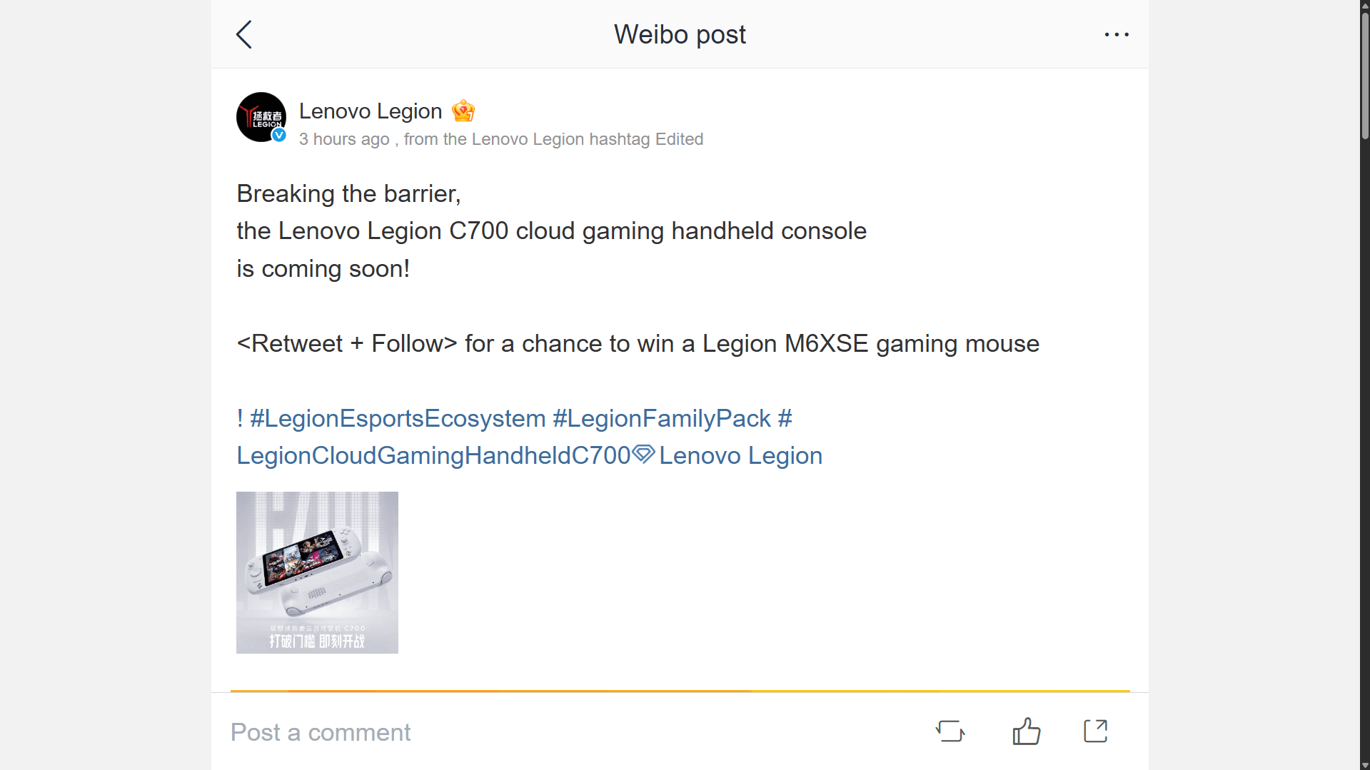 Poster quảng cáo Lenovo Legion C700 trên Weibo