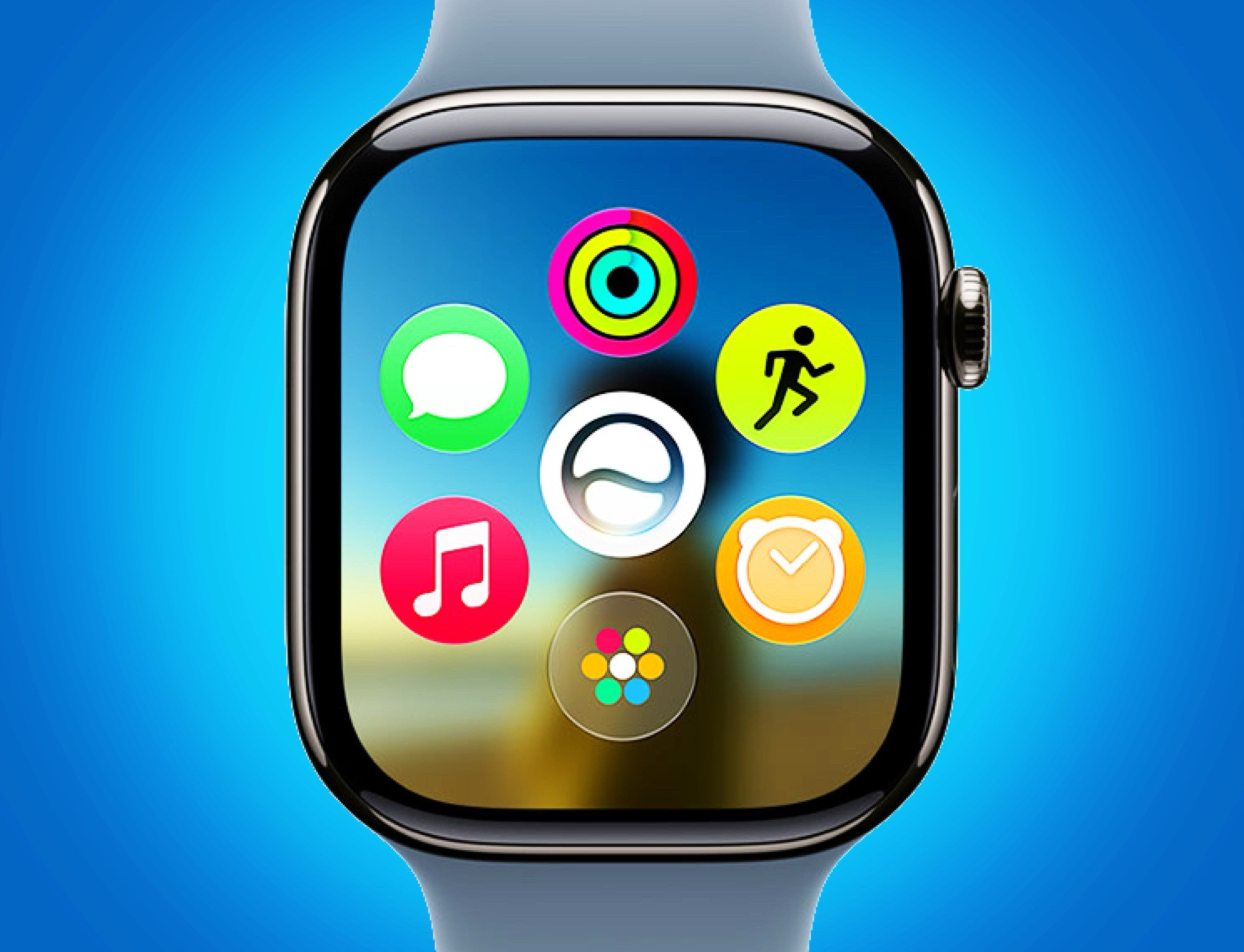 Giao diện màn hình chính mới trên watchOS 27 với Siri AI ở trung tâm