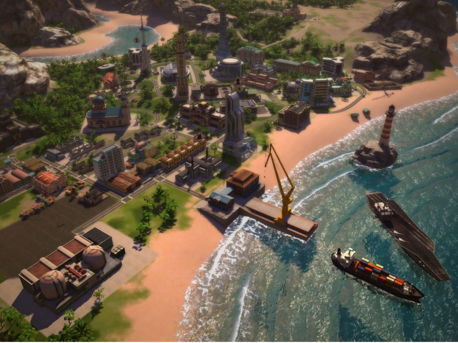 Một thành phố trong trò chơi Tropico 5 với các công trình kiến trúc đa dạng.