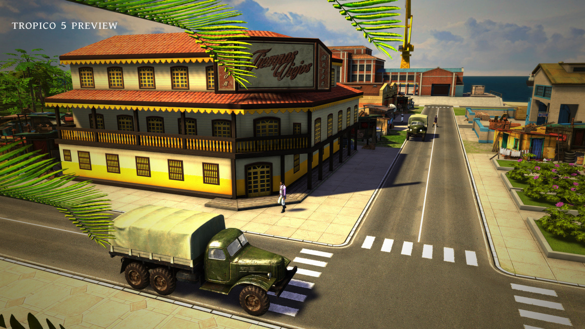 Các tòa nhà hiện đại và phương tiện di chuyển trong giai đoạn phát triển của Tropico 5.