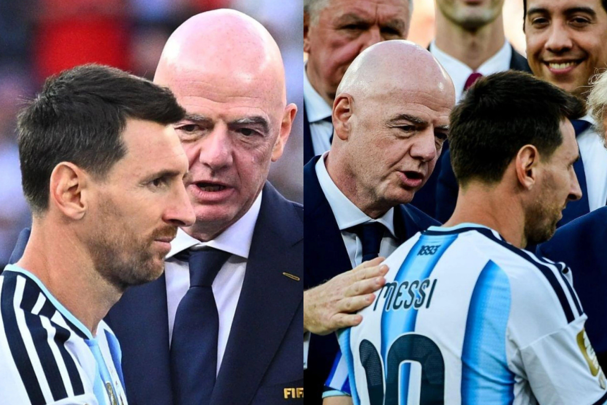 Messi và Chủ tịch FIFA Lionel Messi lướt qua Chủ tịch FIFA Gianni Infantino với gương mặt lộ rõ vẻ thất vọng trên bục nhận giải.