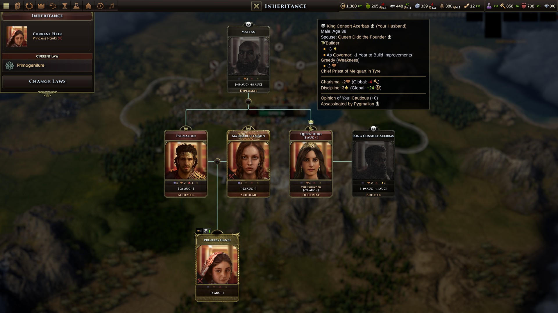Giao diện cây gia phả trong game Old World giúp quản lý các thế hệ lãnh đạo.