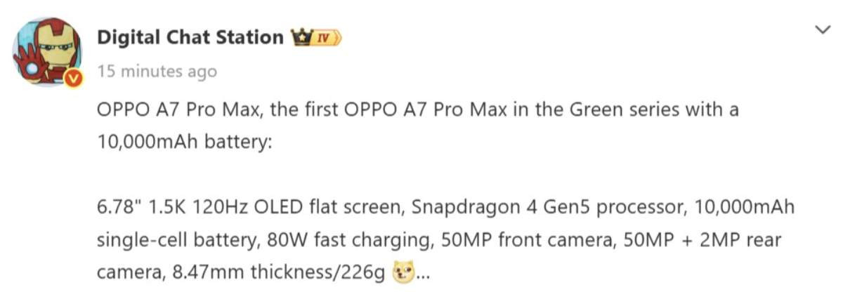 Thông tin OPPO A7 Pro Max được chia sẻ bởi leaker Digita Chat Station